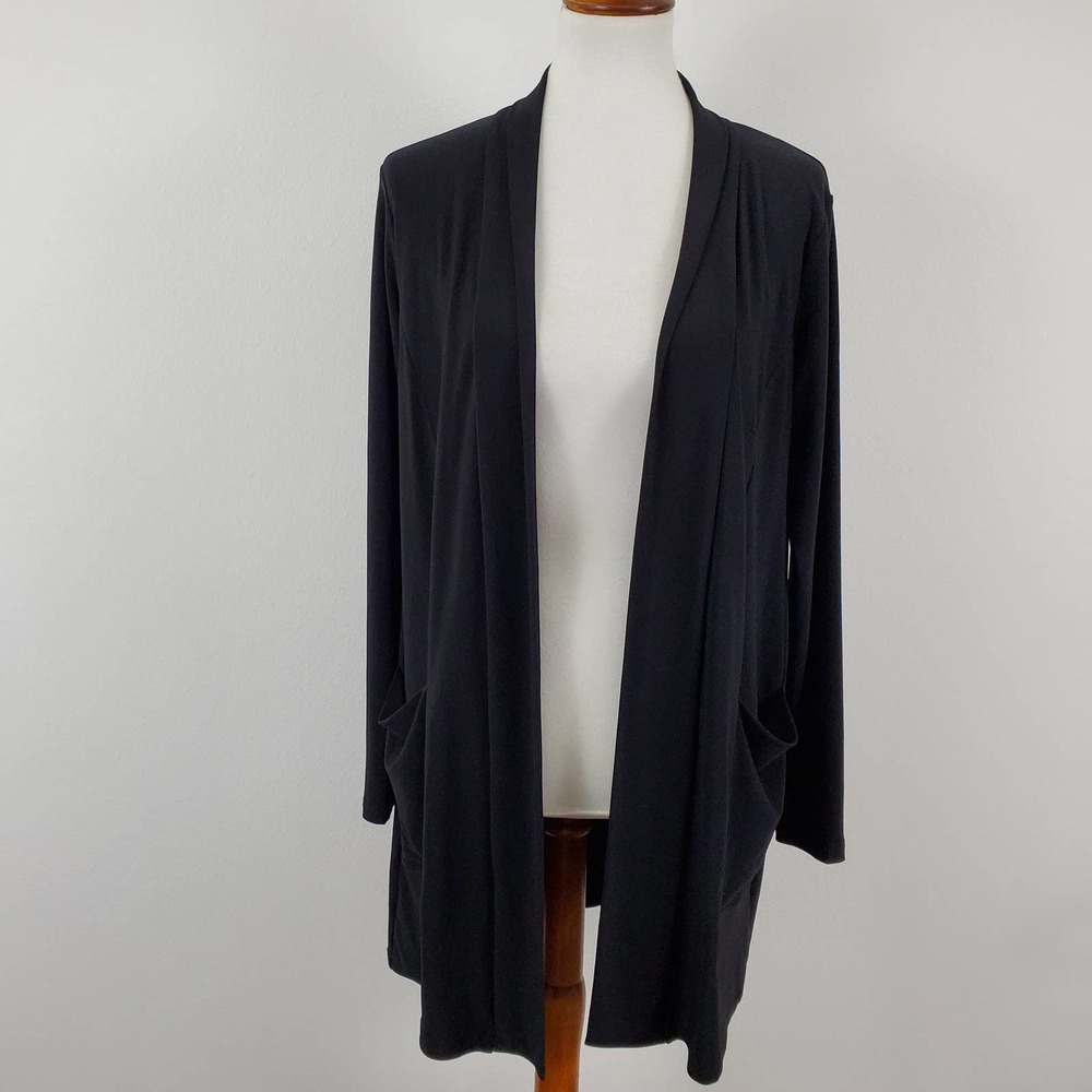 Sympli Open Front Jersey Knit Cardigan Size 8 Black Packable Canada Pockets EUC